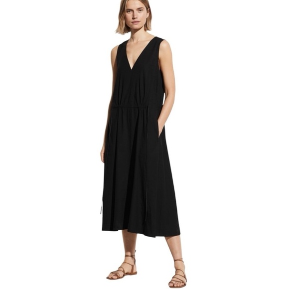 Vince. Drawstring V Neck Linen Blend Dress In Black - Picture 1 of 8